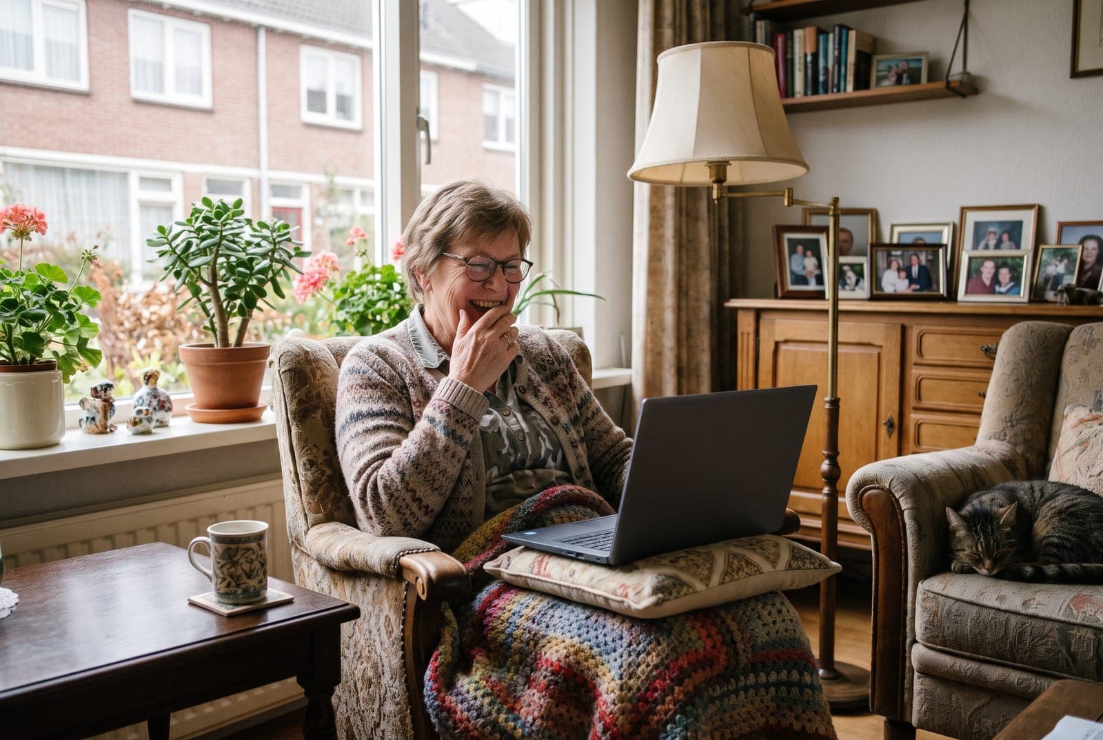 Vrouw lacht om een e-mail op haar laptop in haar stoel