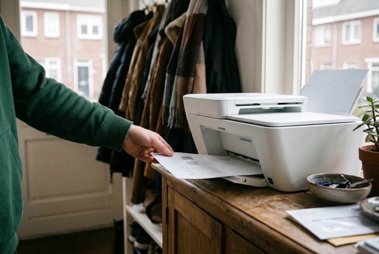 Testpagina komt uit een witte printer in de gang