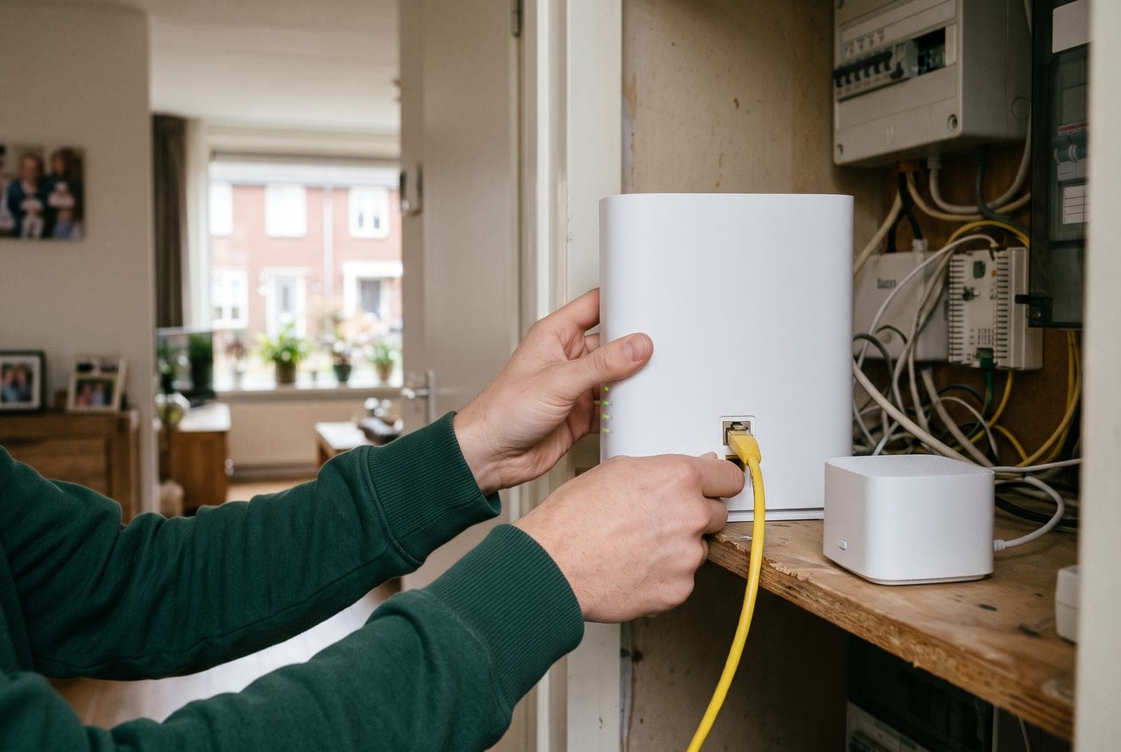Netwerkkabel wordt in het modem in de meterkast gestoken